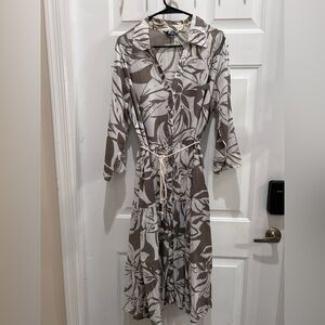 Mlle Gabrielle Tan and White Leaf Print Dress
